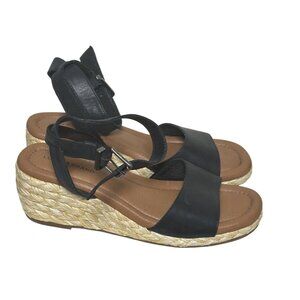 Lucky Brand Black Leather Espadrille Wedge Sandals Ankle Strap Sz 7.5 Jute Wrap